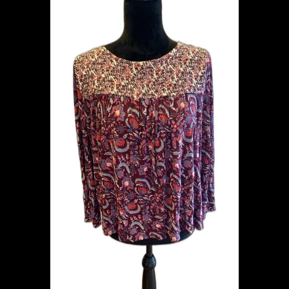 Lucky Brand Blouse Size XL Burgundy Smocked Top Bell Sleeves Boho Peasant